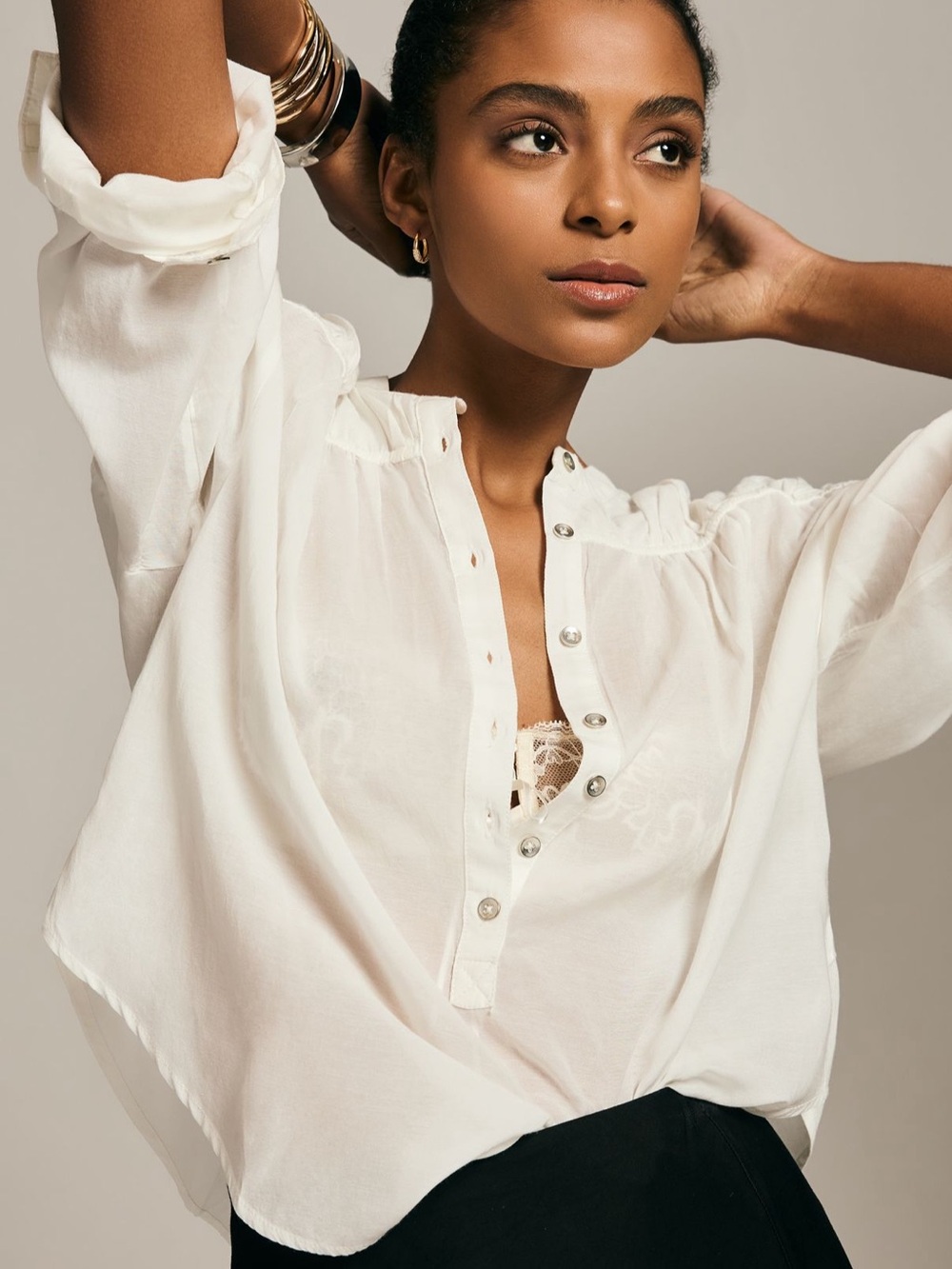 Pilcro - Women's White Button-Front Henley Blouse